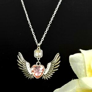 Handmade Heart With Wings Necklace Pale Pink 23" Chain